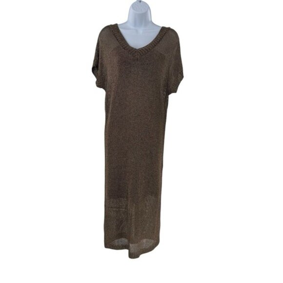 Tuckernuck Bronze Metallic Knit Mesh V Neck Short Sleeve Midi Dress Size M - Picture 3 of 9